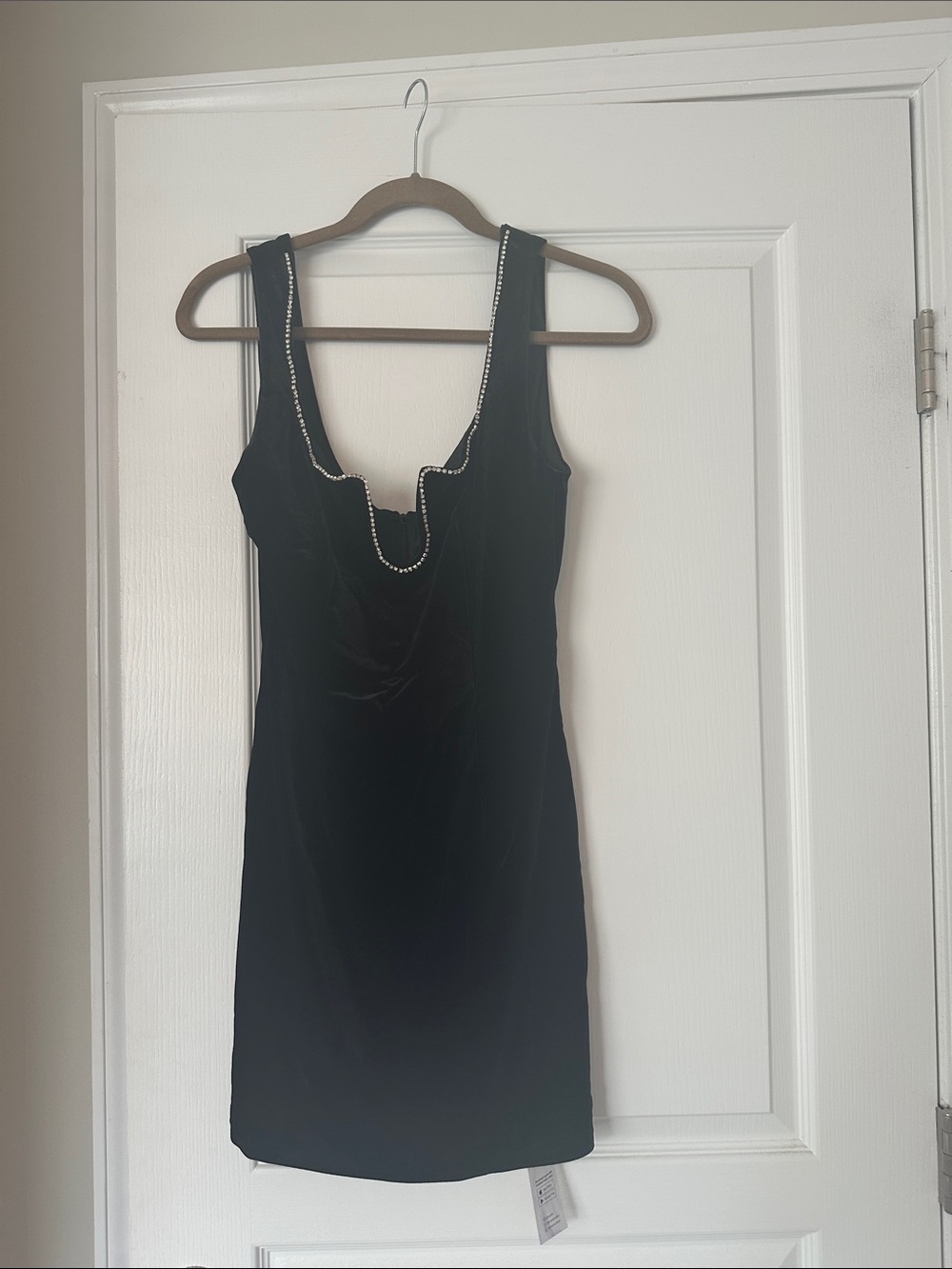 Cupshe NWT Size Small Sleek Black Bodycon Dress with Rhinestone Trim - Picture 2 of 8